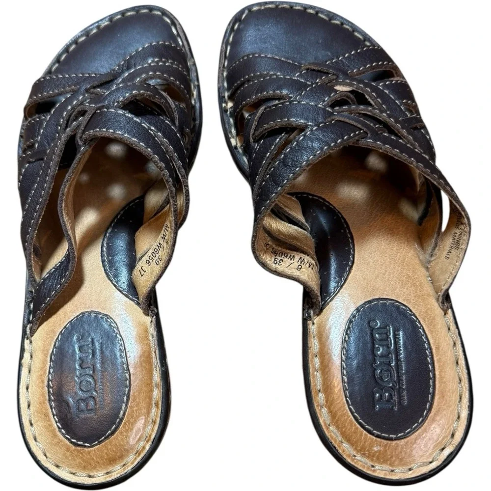 Born Brown Leather‎ Woven Strap Open Toe Slide Sandals - Women's 8 All Day Wear